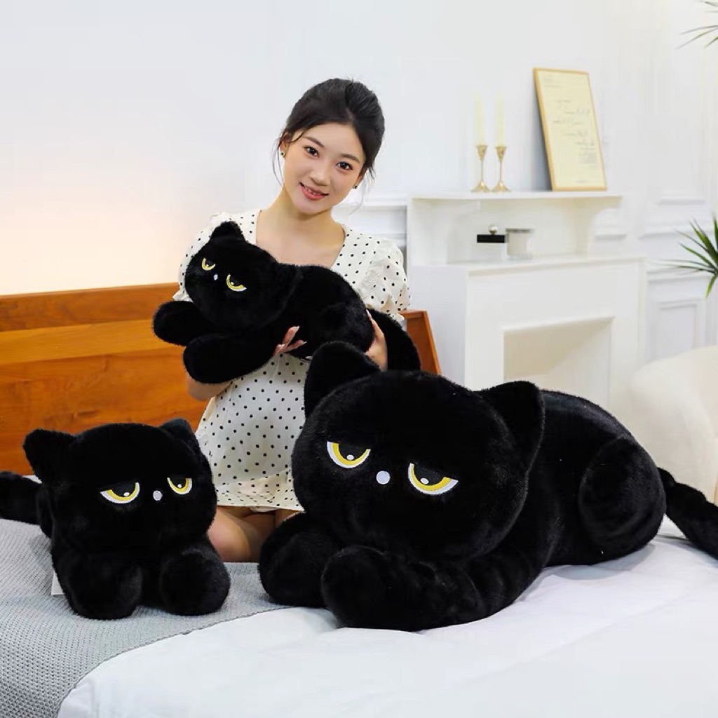 Gấu Bông Con Mèo Đen Lông Kim Óng Mượt , Gối Ôm Hình Con Mèo Lông Đáng Yêu size 90cm-1m2
