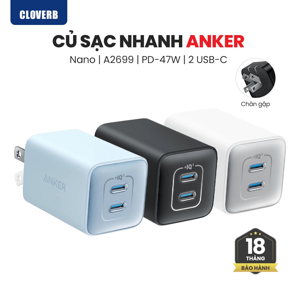 Củ Sạc Nhanh 47W Anker A2039 - 2 Cổng Type C - Dành cho iPhone 16 17 Pro Max iPad MacBook - CloverB