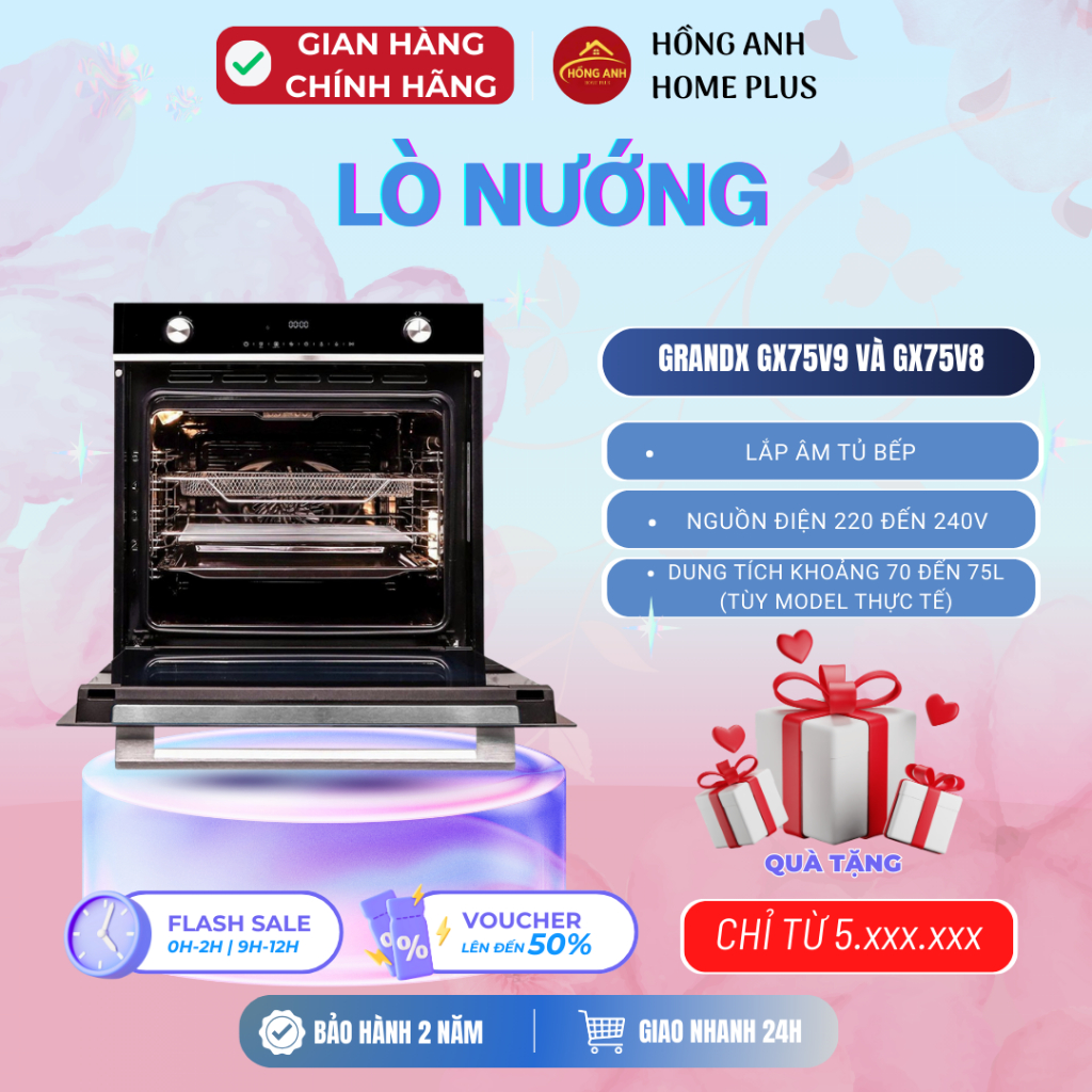 Lò nướng âm tủ GrandX GX75V9 và GX75V8 dung tích lớn, thiết kế kính đen sang trọng, lắp âm đồng bộ