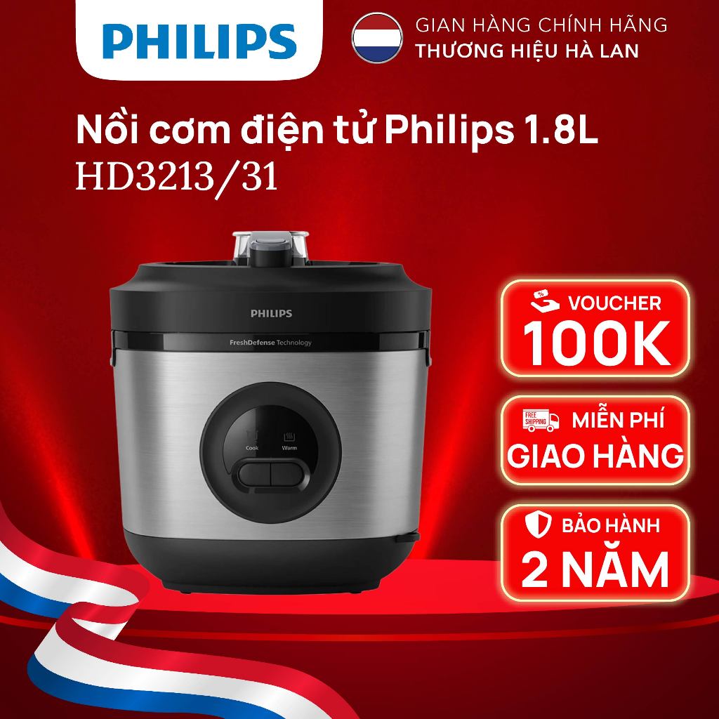 Nồi Cơm Điện Philips HD3213/31 1.8 lít | 5 lớp| nhiệt 3D - Hàng Chính Hãng