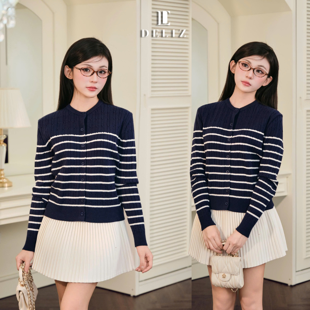 [DELIZ] Áo len cardigan kẻ ngang cổ tròn dài tay chất len lông thỏ vặn thừng cao cấp tone màu pastel