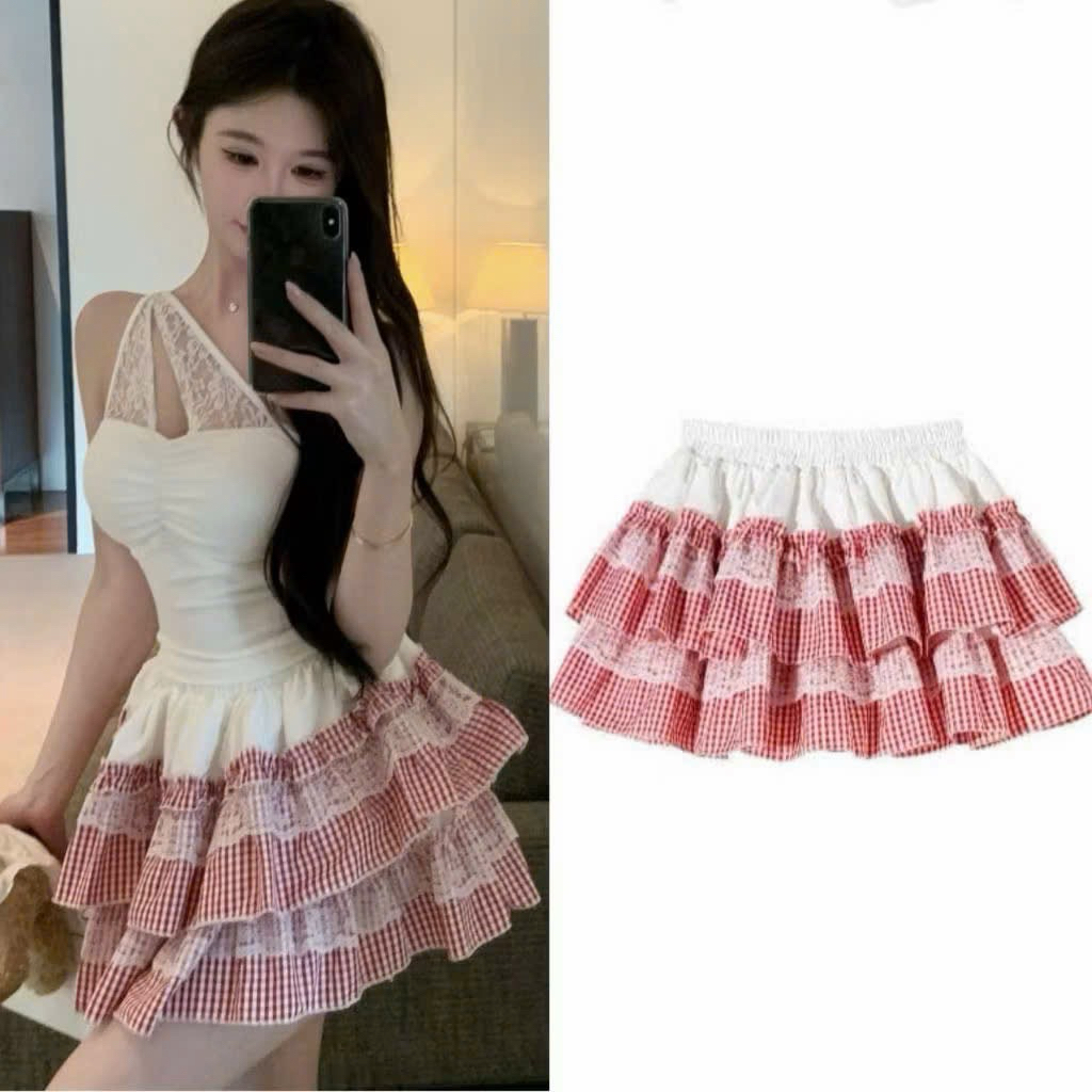 Chân váy xếp tầng caro ngắn 2 màu phối ren LOKAA CVR22