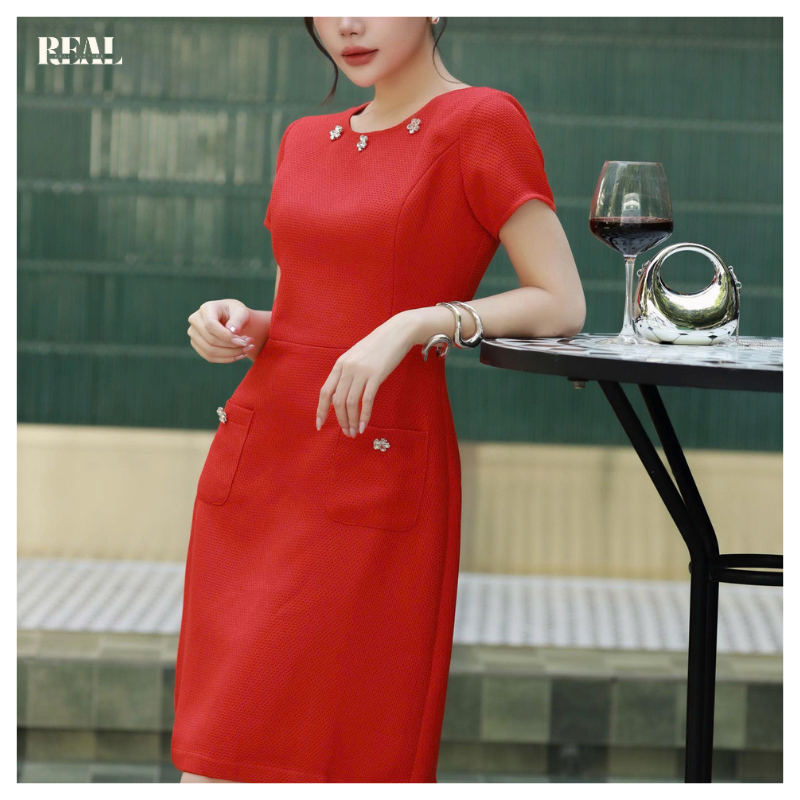 Đầm đi tiệc đỏ Mimi kết hoa REAL CLOTHES, đầm đi tiệc dáng ôm sang trọng, có lót, có túi