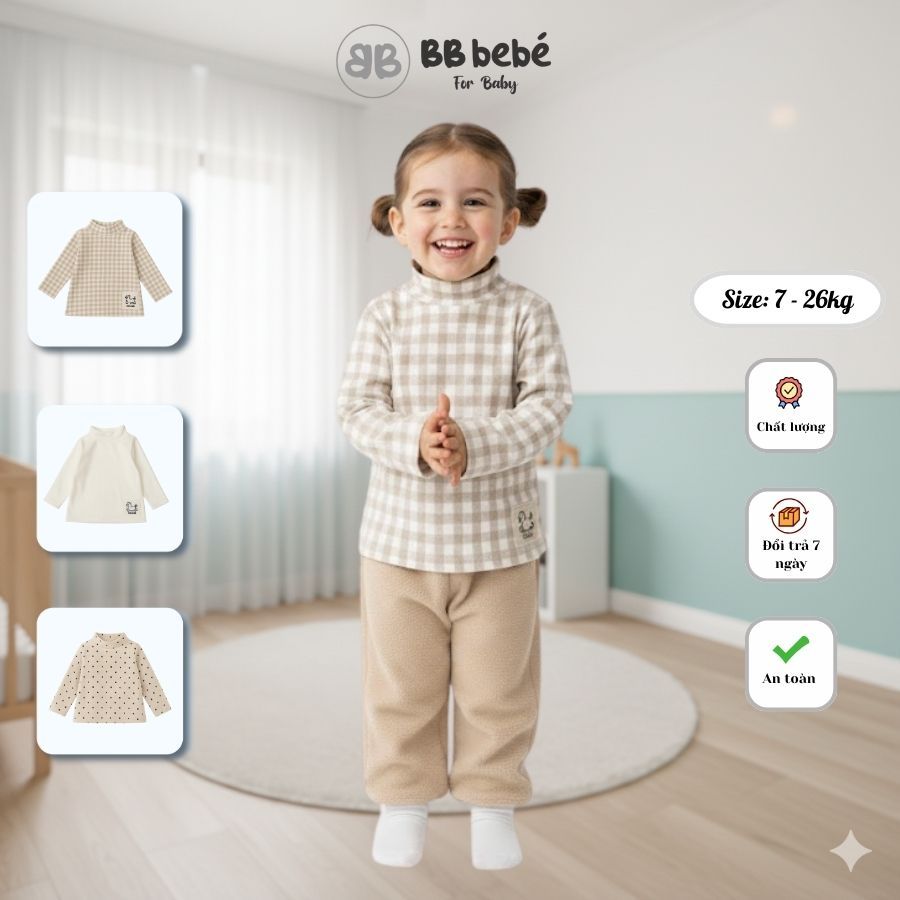 Áo giữ nhiệt cổ lọ mùa đông cho bé gái chấm bi-kẻ-be chất nỉ bông |BB.KIDDO