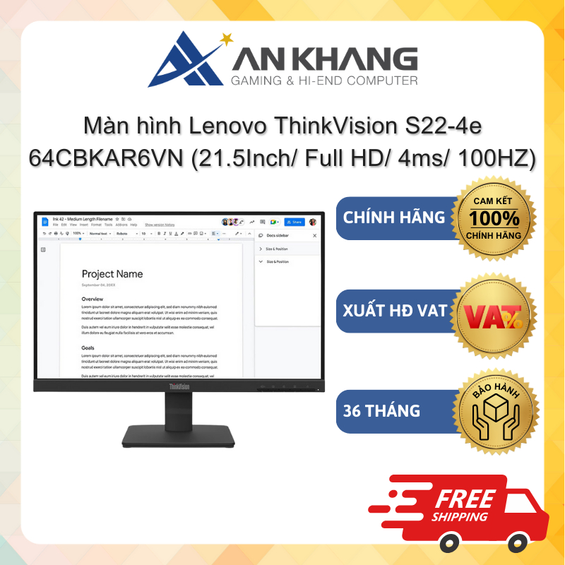 Màn hình Lenovo Think Vision S22-4E 64CBKAR6VN (21.5Inch/ Full HD/ 4ms/ 100HZ/ 250cd/m2/ IPS) Chính 