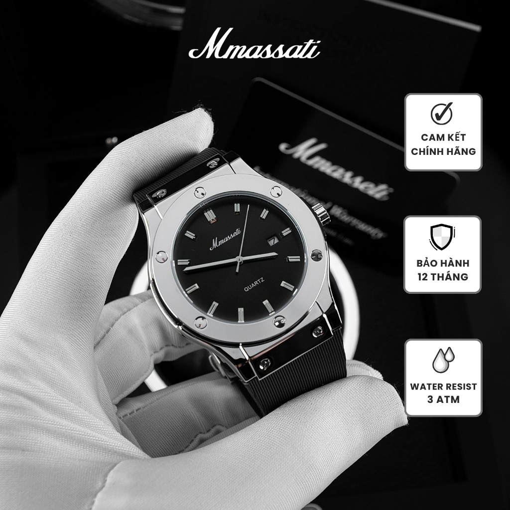 N282 Đen – Đồng Hồ Nam Mmassati Mặt Đen Tối Giản Lịch Lãm, Viền Bạc Hiện Đại, Máy Pin Quartz Cao Cấp