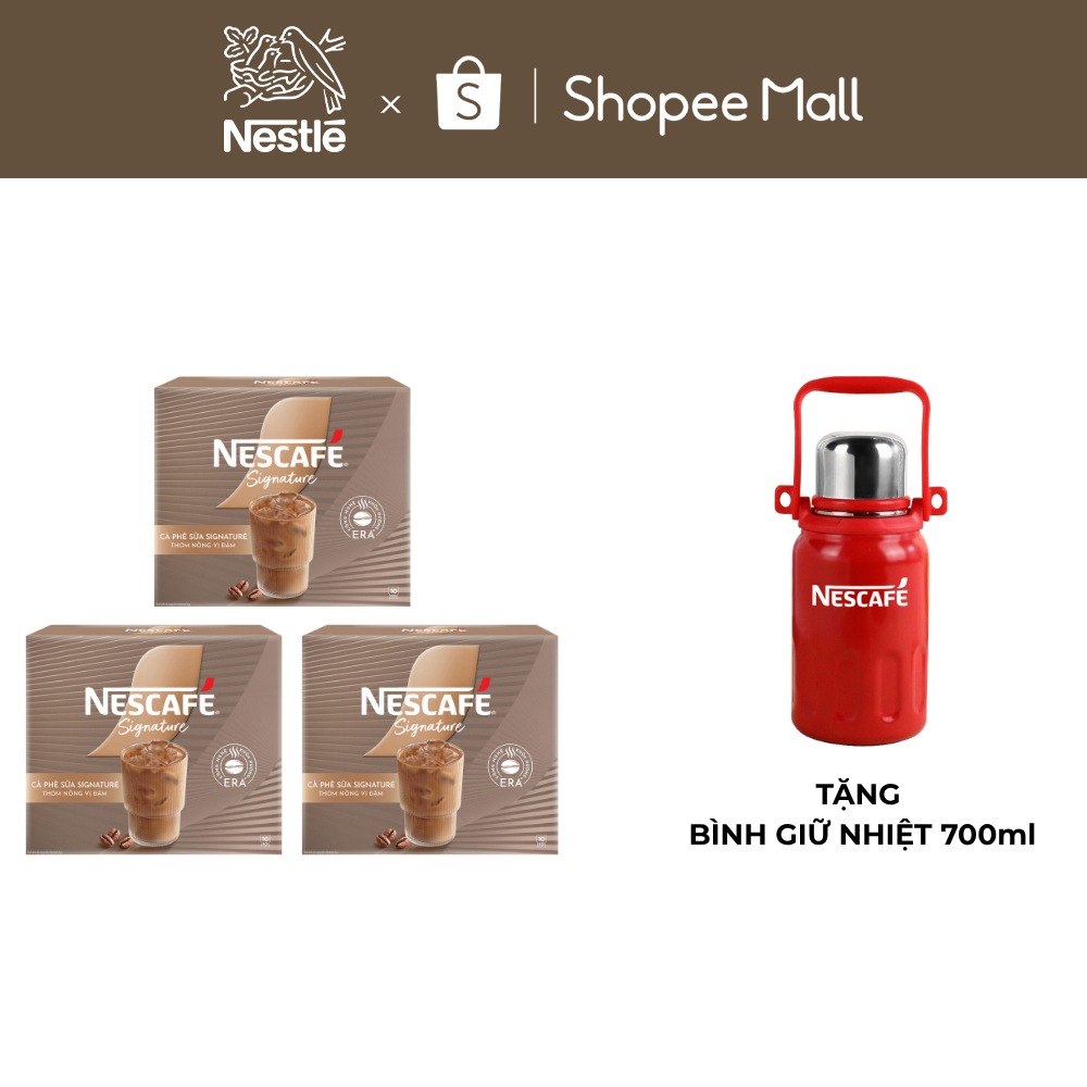 [Tặng 01 Bình giữ nhiệt 700ml NESCAFÉ] Combo 3 hộp Cà phê sữa NESCAFÉ Signature Hộp 10 gói THƠM NỒNG