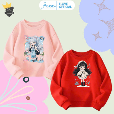 [MỚI] Áo SWEATER cho bé gái AORE in hình Bé gái dễ thương, Áo nỉ dài tay cổ tròn chất nỉ da cá bé đi học, đi chơi 9-35kg