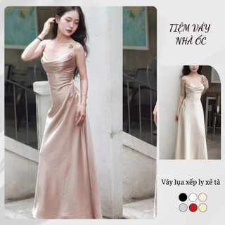  Váy Lụa Dự Tiệc Hai Dây Chiết Eo Quyến Rũ NV638 Váy Lụa Dáng Dài Xếp Ly Xẻ Tà 