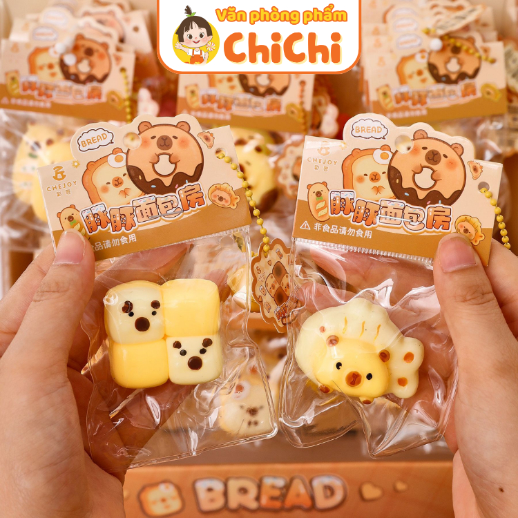 Squishy Capybara bánh mì 🥖 squishy mềm dẻo bóp nắn đồ chơi giảm stress kèm chuông móc khóa xả stress