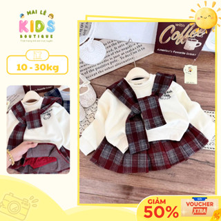   A114  Set đồ bé gái đồ bộ bé gái thu đông set nỉ dài tay áo thêu kitty mix chân váy kẻ kèm khăn choàng 2 màu siêu xinh 