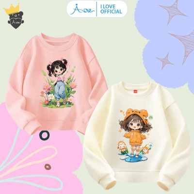[HÀNG MỚI VỀ] AORE-Áo SWEATER in hình Bé Gái Cute, Áo nỉ dài tay cổ tròn chất nỉ da cá mềm mịn cho bé gái 10-34kg
