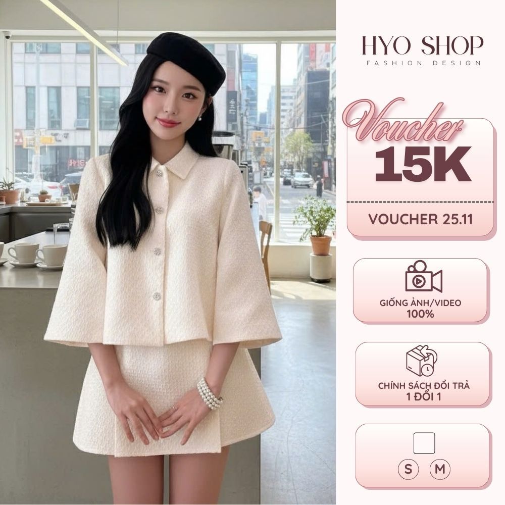Set váy dạ tweed dáng xòe tay lỡ phối chân váy xếp ly cao cấp HYO SHOP