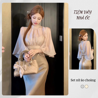  Set Đồ Nữ Áo Choàng Váy Lụa Dáng Dài NV675 Áo Cổ Tròn Tày Cánh Dơi Thắt Nơ Sau Lưng Sang Trọng 
