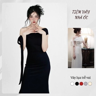  Đầm Lụa Dự Tiệc Trễ Vai Phối Nơ Lệch Vai Lụa Hàn NV684 Váy Lụa Đầm Dự Tiệc Cưới Lệch Vai Dây Thắt Được Nhiều Kiểu 