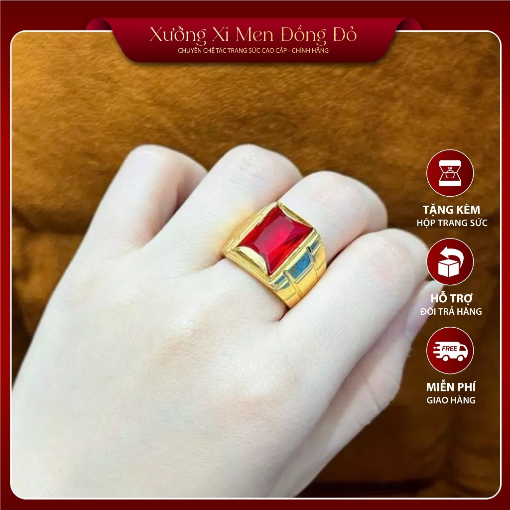 Nhẫn nam mặt đá màu – Nhẫn chạm vuông hai bên đồng đỏ lắc kê, không xỉn, không hít nam châm