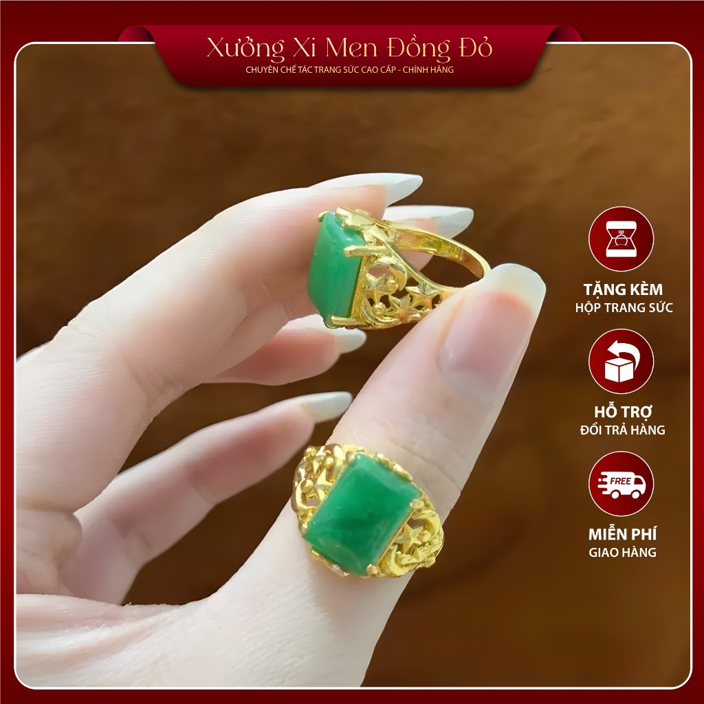 Nhẫn nữ mặt đá xanh – Nhẫn đồng đỏ đai trơn sang trọng không xỉn màu, không hít nam châm
