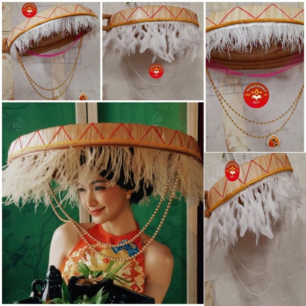 Nón quai thao biểu diễn chụp ảnh, Nón quai thao decor trang trí, Nón quai thao cỡ lớn tua lông vũ qu