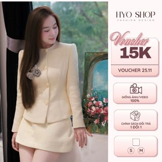  Set dạ tweed 2 món tiểu thư váy dạ cổ tròn đính 3 hoa cài thanh lịch HYO SHOP 