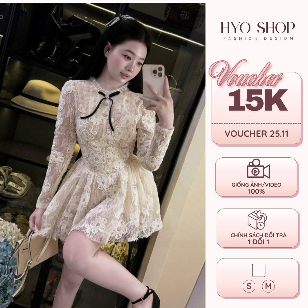 Váy ren hoa đi tiệc tay dài đính nơ đen sang chảnh kèm quần HYO SHOP