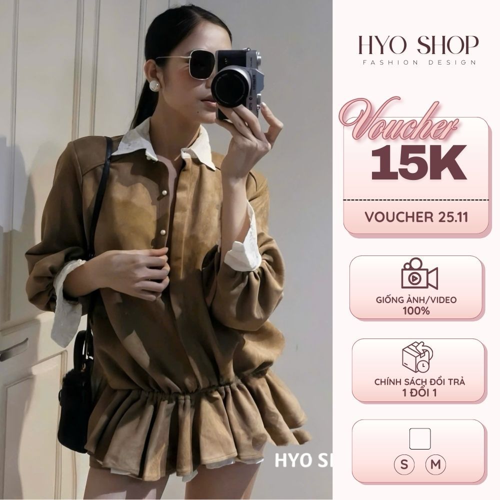 Váy da lộn mix cổ sơ mi phối ren trắng kèm hoa trà siêu xinh HYO SHOP