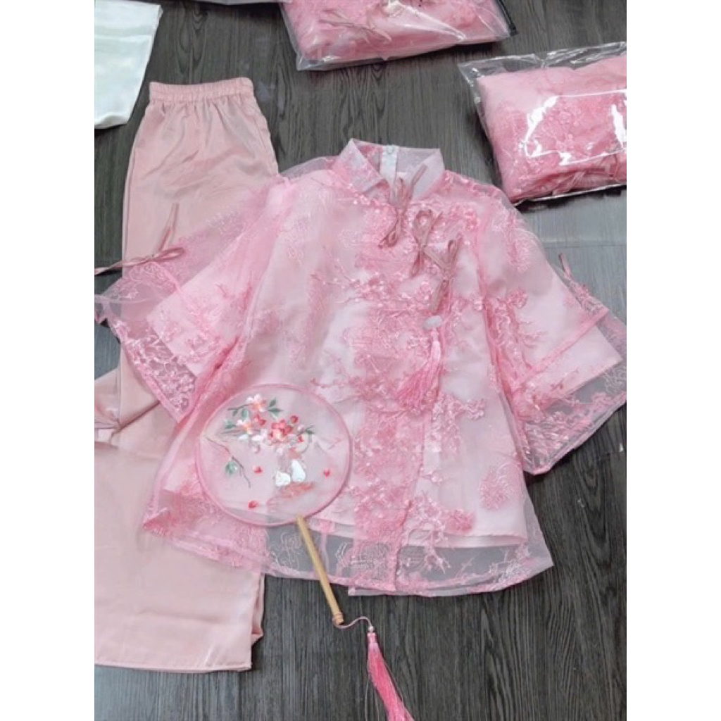 Hion Store - (CÓ BIGSIZE) Set áo lam hồng 3 nơ mới + quần suông hồng S M L XL
