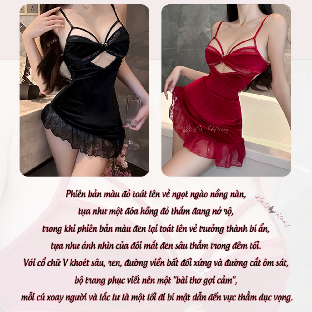 Váy Ngủ Hai Dây Nhung Gợi Cảm Ren Thuần Khiết Không Cần Cởi V138 - LaLaHoney | BigBuy360 - bigbuy360.vn