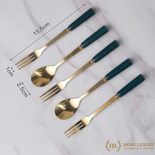 Thìa nĩa inox cán sứ size nhỏ | dĩa inox vàng cán sứ | nĩa thìa vân đá chất liệu không ăn mòn xanh trắng