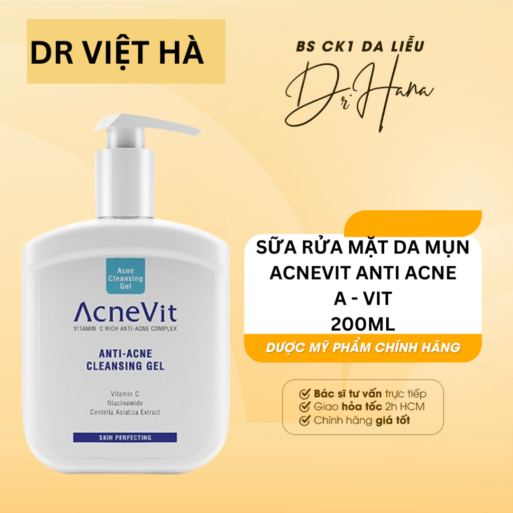 [200mL] Sữa rửa mặt dành cho da mụn ACNEVIT Anti-Acne Cleansing Gel| Bs Việt Hà Da Liễu khuyên dùng