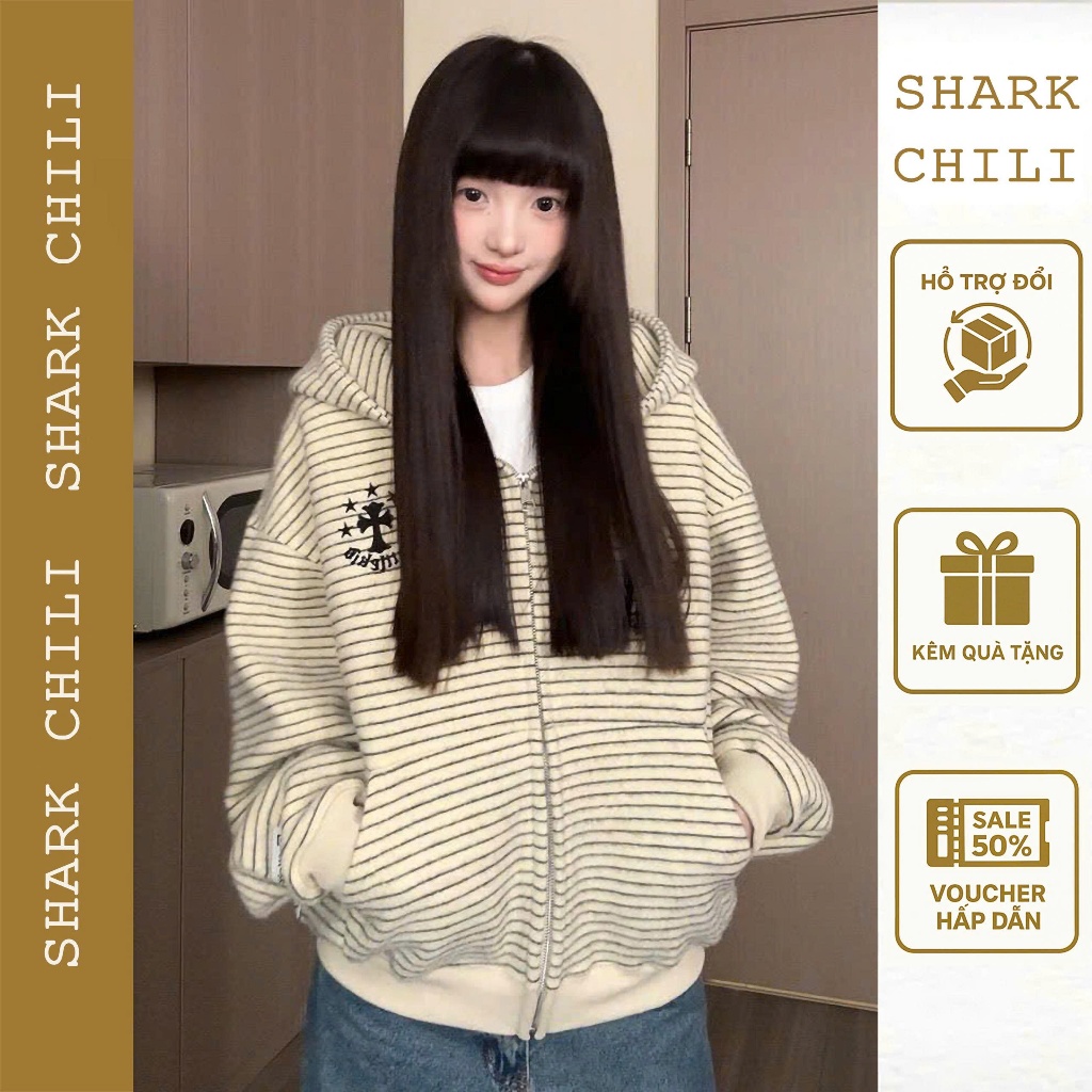 Áo Khoác Hoodie Kẻ Sọc Có Mũ Bo Tay Shark Chili Phong Cách Hàn Quốc S304