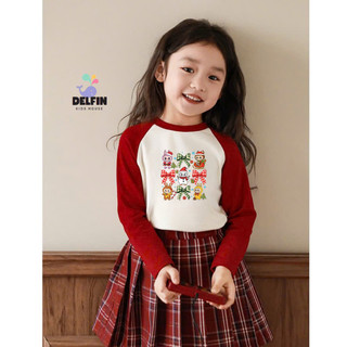   HỎA TỐC TPHCM Sét Noel Bé gái tay dài đỏ in hình giáng sinh mix chân váy Caro đỏ Delfinkids. sét váy noel bé gái 10-30k 