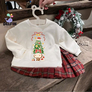  Sét Noel bé gái Chân váy kẻ caro đỏ áo sweater kem in hình giáng sinh Delfinkids sét bé gái noel từ 10-30kg 