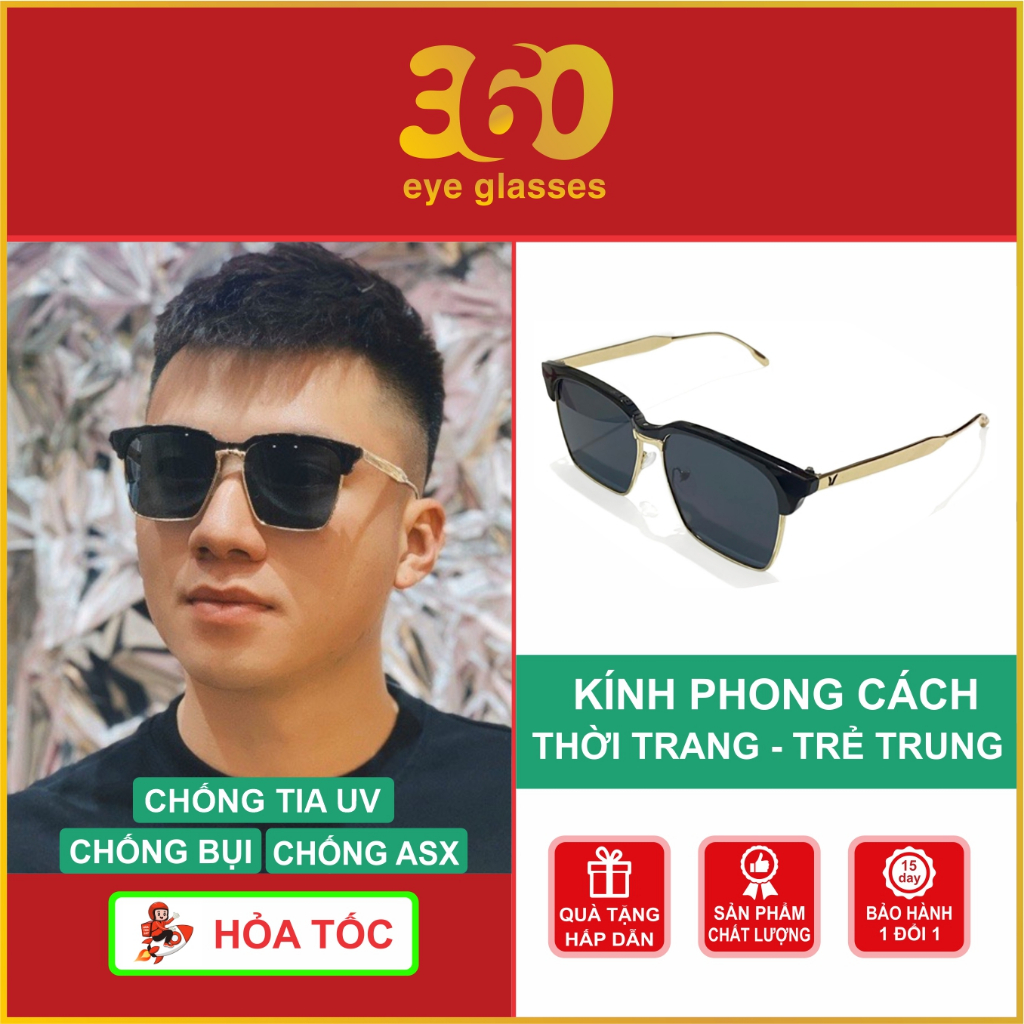 Kính râm thời trang cao cấp mắt vuông nữa viền kim loại vàng