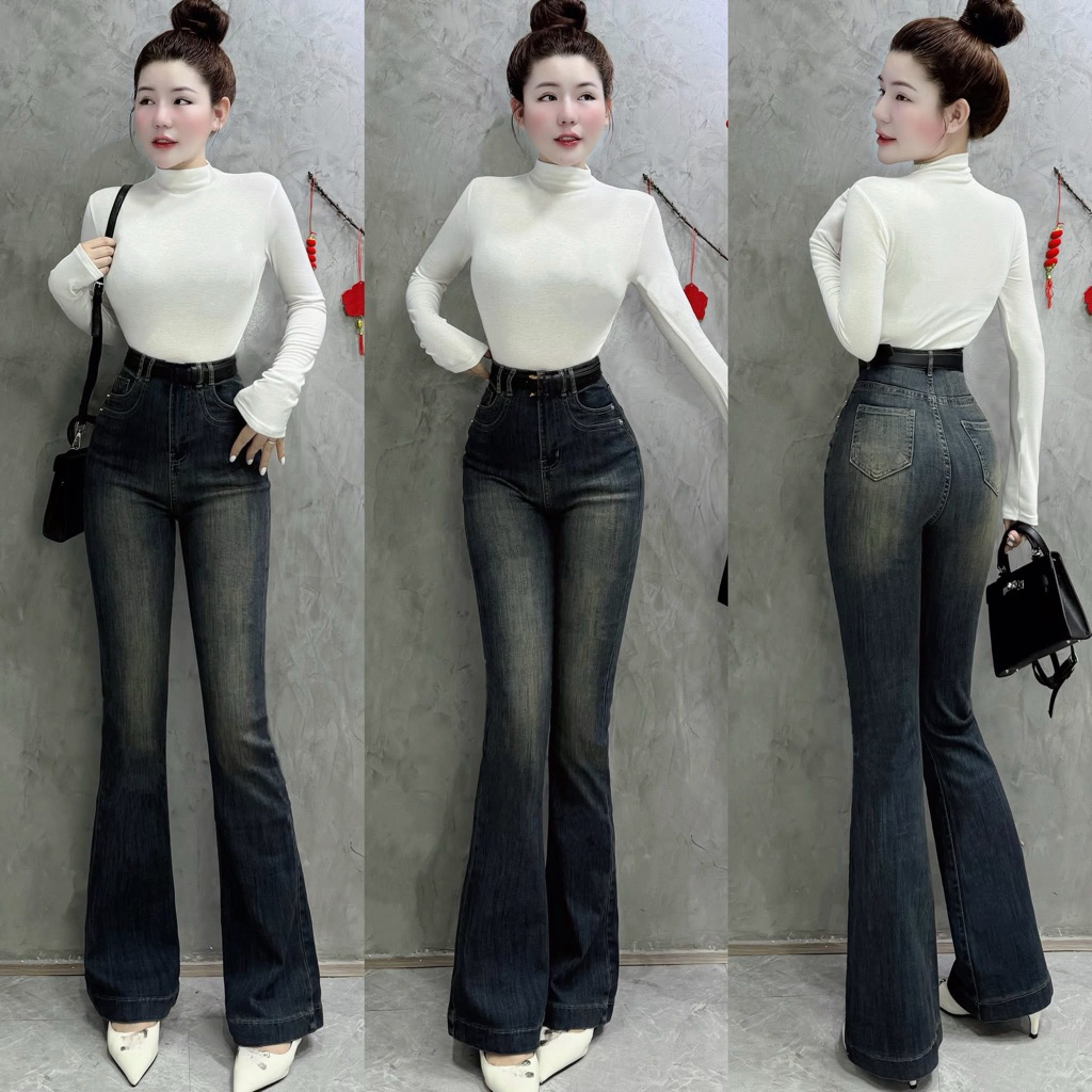 (dài 100cm)Quần jean ống bass ( loe) co giãn tốt , lưng siêu cao, hàng loại 1 ( hình thật ạ)