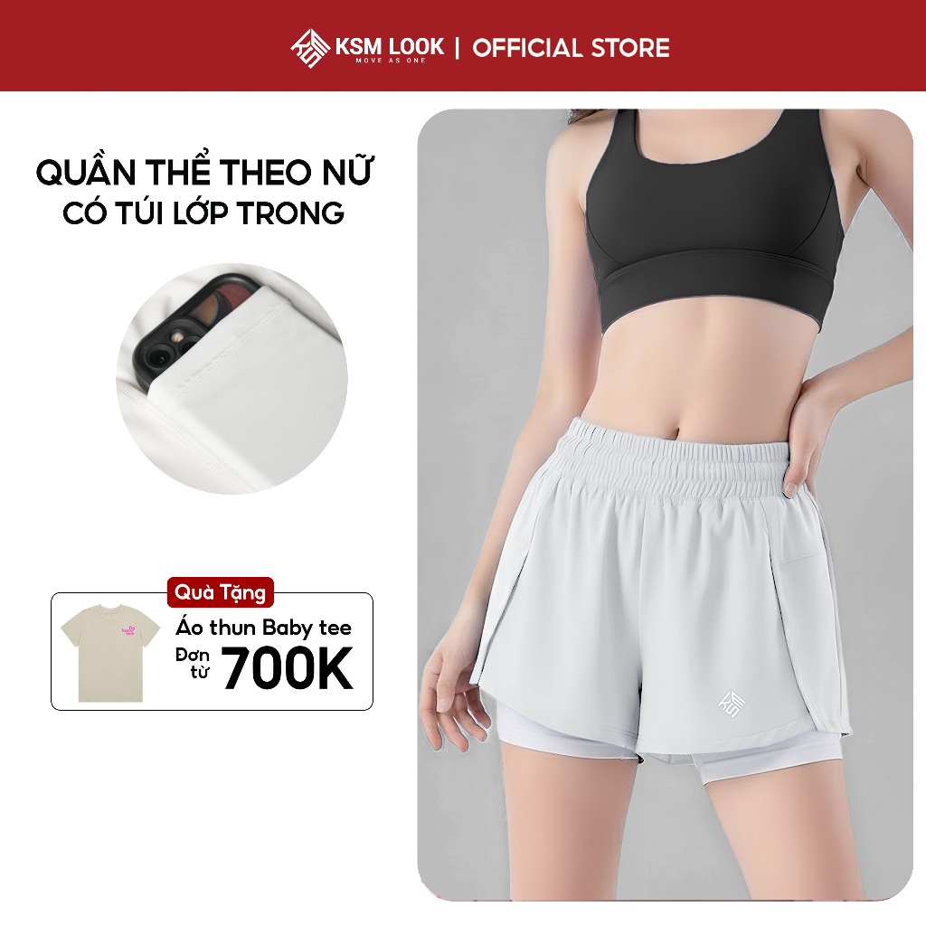 Quần short đùi thể thao nữ ngắn tập gym, yoga, squat KSMLOOK có túi lớp trong chạy bộ, cầu lông Q297