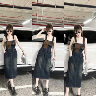  váy yếm jeans dài nữ phối màu mạc AH   jean cotton không có giãn  