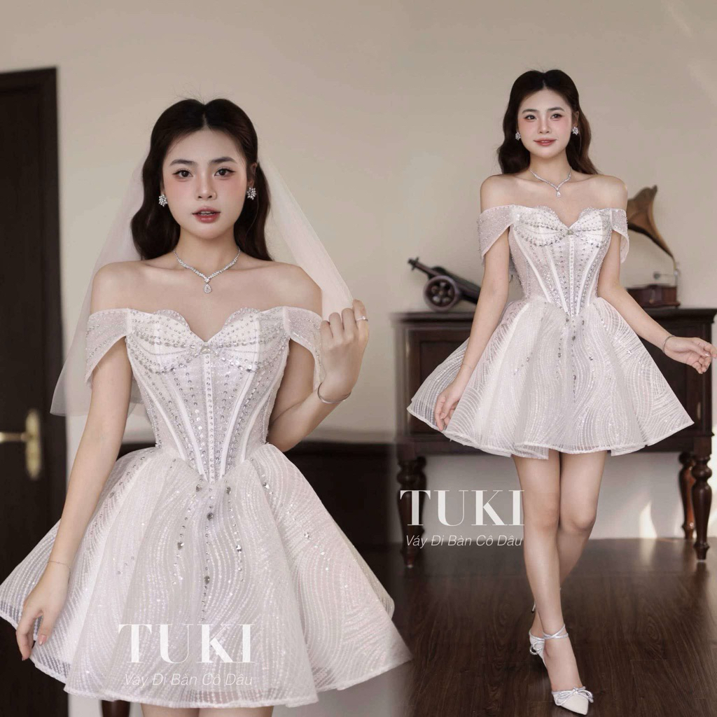 [THANH LÝ/PASS]_VÁY ĐI BÀN_TUKI Bridal_ Váy ngắn che bắp tay nha các nàng