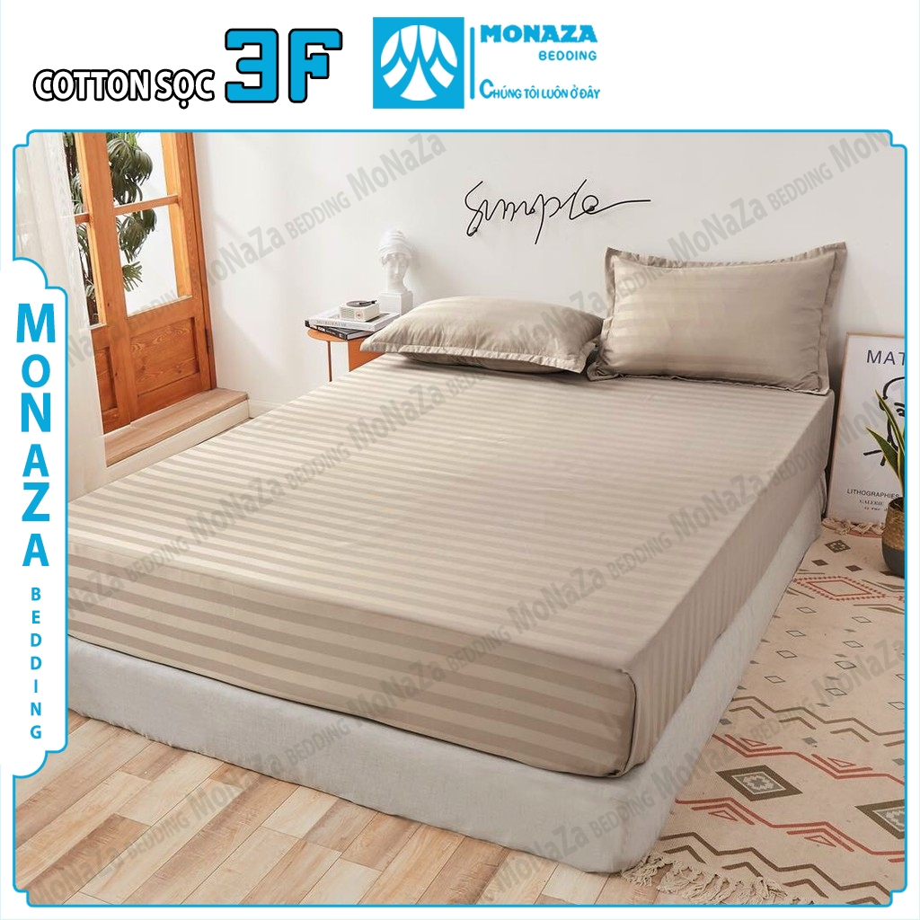 Bộ Ga Gối Cotton 3F Sọc Bóng Cao Cấp, Set Ga Giường 3F Mềm Mịn Kèm 2 Vỏ Gối Phong Cách Khách Sạn