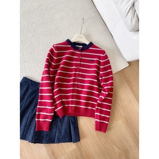  Áo len nữ LENCLOTHING A860986-00 - áo cardigan cổ tròn đỏ kẻ trắng thêu 