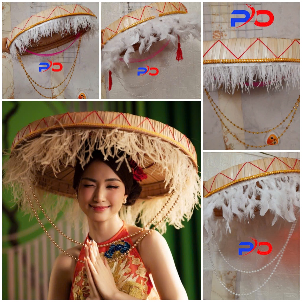 Nón quai thao biểu diễn, nón quai thao decor trang trí Tết, Nón quai thao gắn lông vũ mịn mượt dây n
