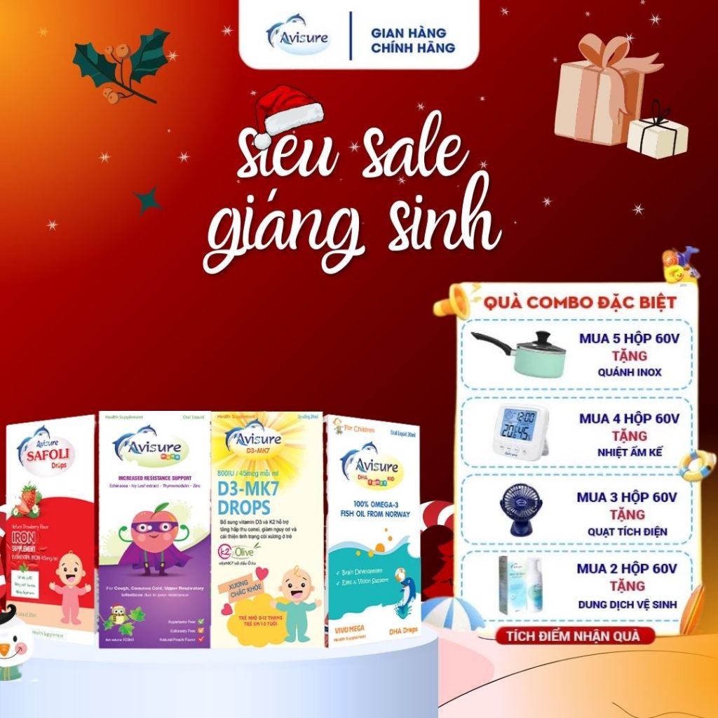 Bộ tứ Avisure D3MK7, DHA, Sắt Safoli, Tăng đề kháng Muno cho bé khoẻ mạnh, cao lớn, thông minh, mắt