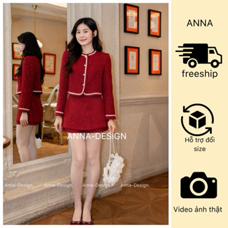  Anna Design - Set váy dạ đỏ   Không kèm cổ sơ mi  áo dài tay phối chân váy A giả quần dạ kim tuyến 