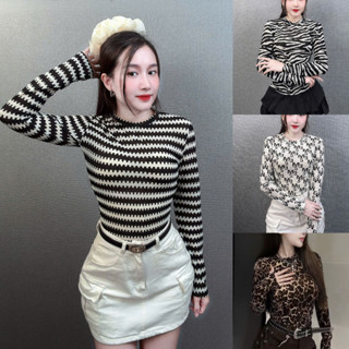   Dưới 52kg  Áo kiểu thiết kế Cổ Tròn Tay Dài họa tiết ôm body tôn dáng Thun Lưới QC 