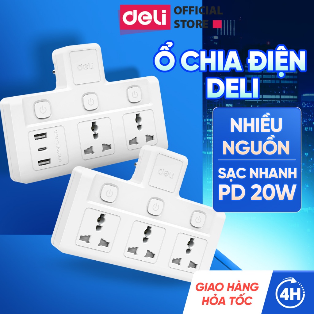 [DEAL HỜI] Ổ Cắm Chia Điện Deli, Ổ Cắm Điện Chữ T Công Suất 2500W Tích Hợp Cổng USB &TypeC Sạc Nhanh 20W