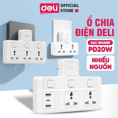 [SIÊU RẺ] Ổ Cắm Chia Điện Deli, Ổ Cắm Chữ T Nhiều Nguồn  Không Dây Tích Hợp Cổng Sạc USB TypeC PD20W
