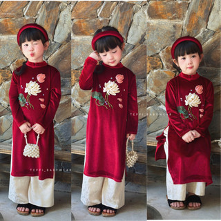  Sét nhung the cao cấp cho bé gái - áo dài nhung the - áo dài cho bé gái - áo dài nhung thêu tay ruy băng 