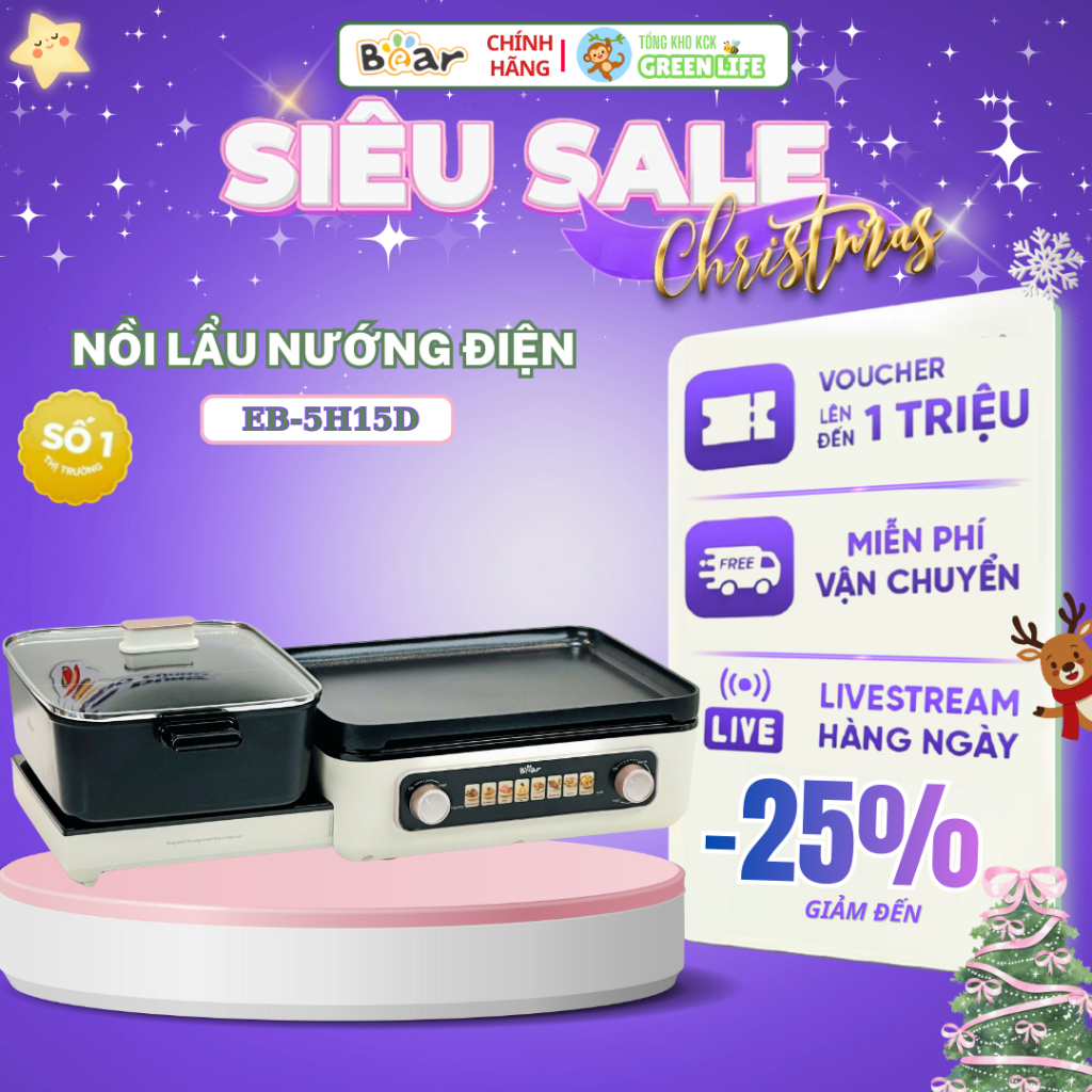 Nồi Lẩu Nướng Đa Năng Bear GR-5H22R83 -2100W, Điều khiển 2 vùng độc lập, Lẩu Nướng cùng lúc tiện lợi