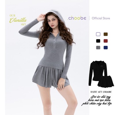 [ MỞ BÁN ] Set áo phông dài tay kèm mũ pickleball phối chân váy babydoll xòe 2 lớp Hatie Choobe vải cotton A156 + CV56