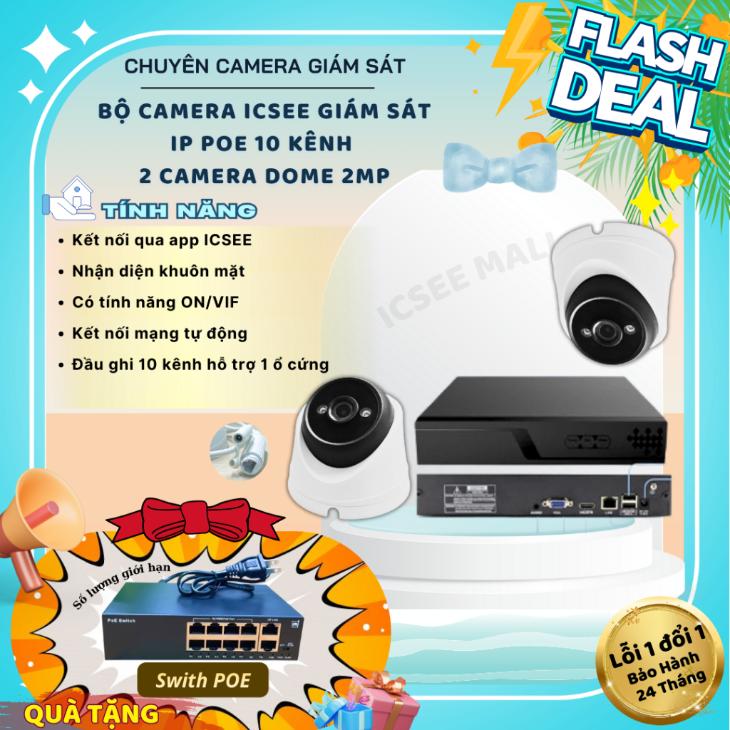 Bộ camera iCSee giám sát IP POE Đầu ghi 10 kênh + Camera DOME độ phân giải 2MP