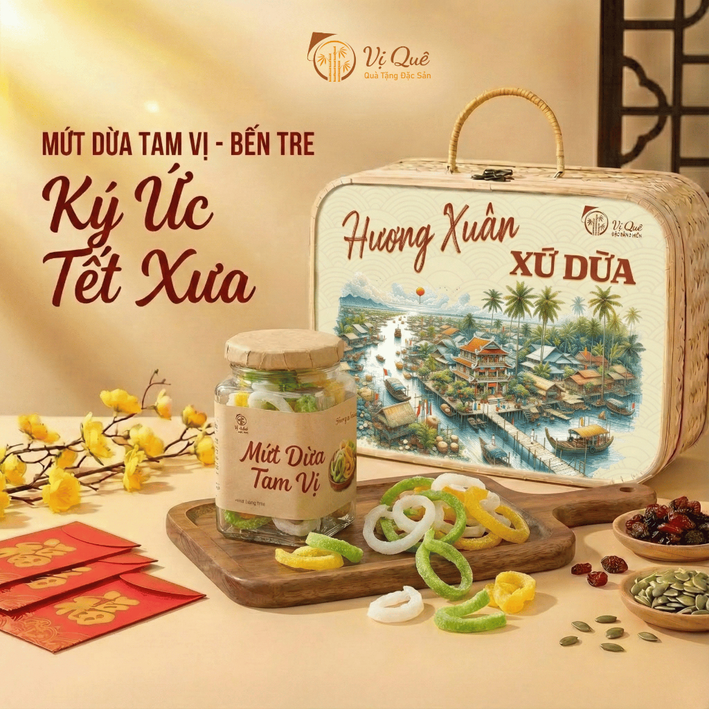 Mứt dừa tam vị - Lọ Thủy Tinh-duoc-ban-tai-Vị Quê - Quà Tặng Đặc Sản